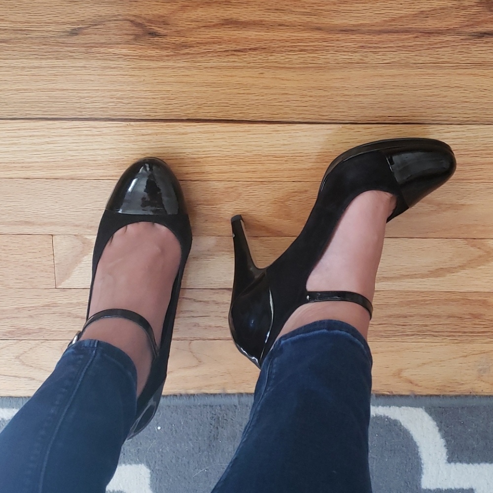 Suede/Patent Leather Mary Jane Pumps